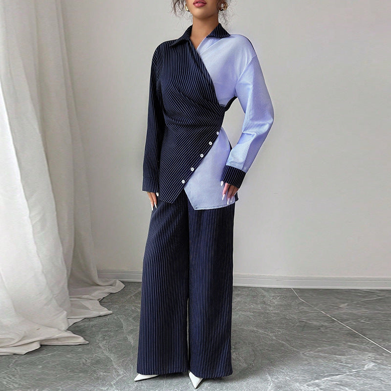 Contrast Color Lace-up Long Sleeve Shirt Straight-leg Trousers Suit