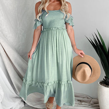 Chic Backless Sling Blue Mid-Length Dress with Bell Sleeves