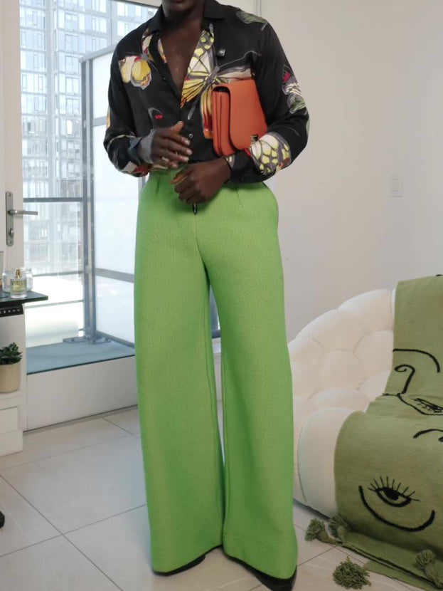 Lime Green Wide-Leg Pants With Zipper Detail