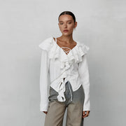 White Crepe Casual Ruffled Sexy Elegant Lace-up Long Sleeve Shirt