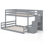 Solid Wood Twin Over Full Low Bunk Bed with Storage Stairs-Grey