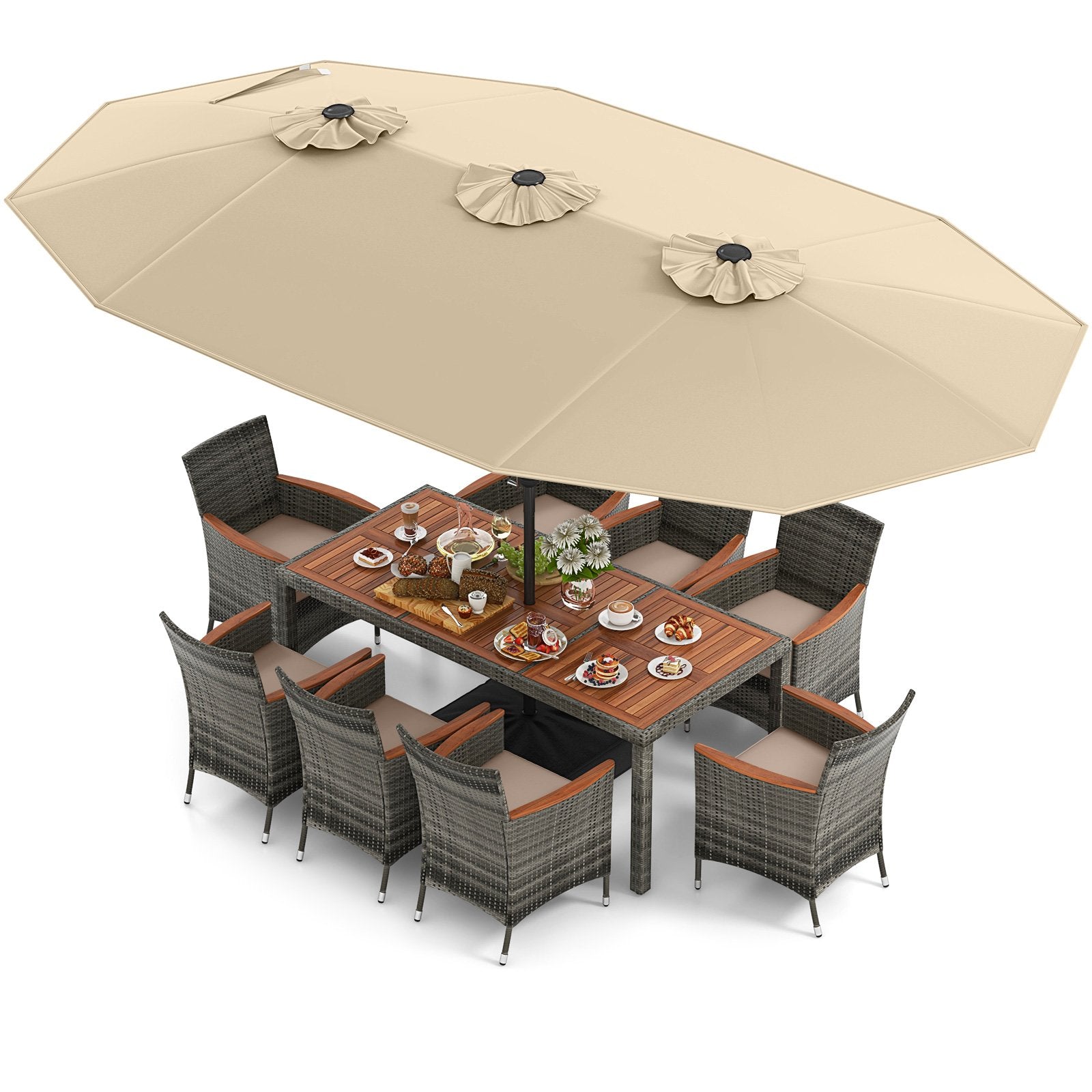 10 Pieces Patio Wicker Dining Set with 15 Feet Double-Sided Patio Umbrella-Beige