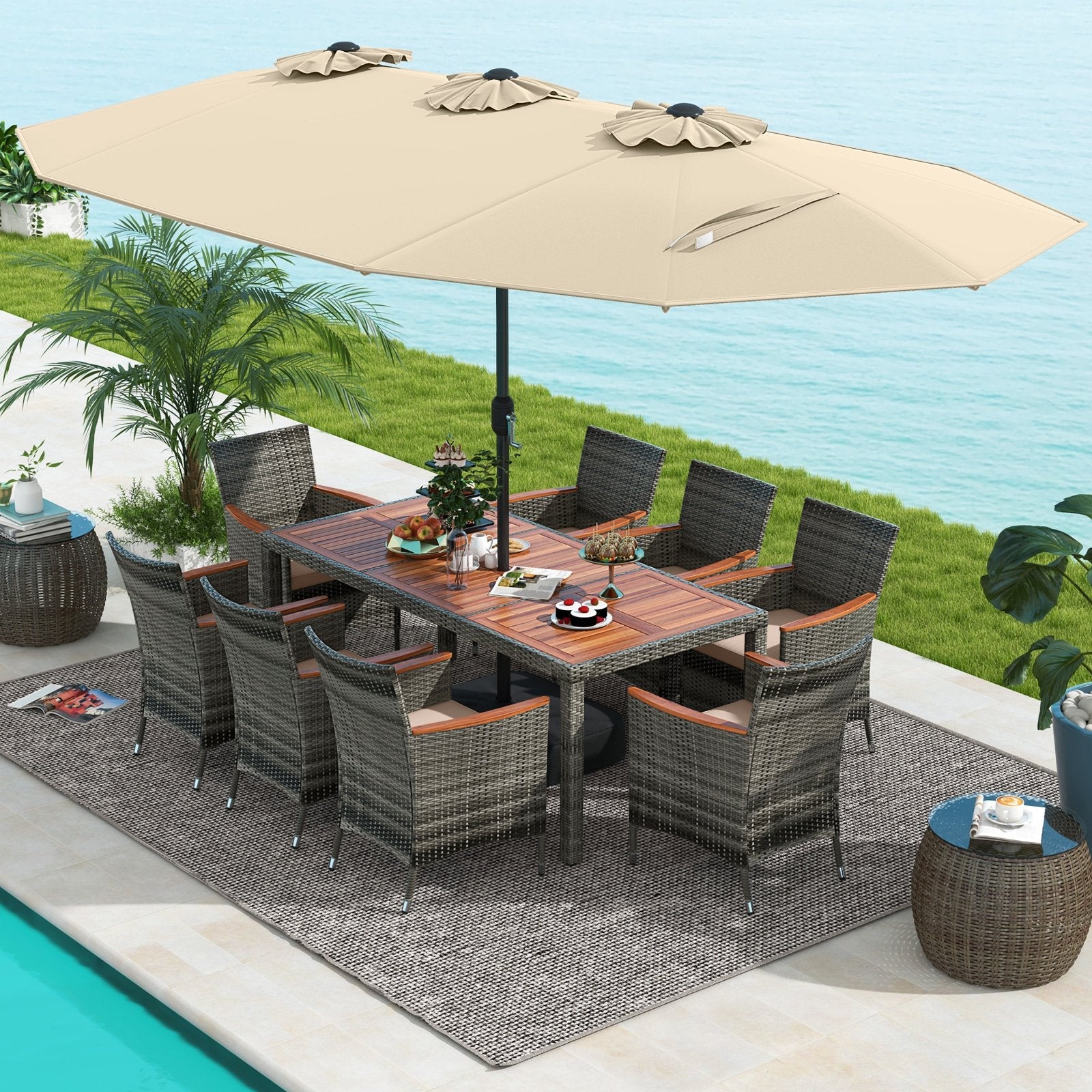 10 Pieces Patio Wicker Dining Set with 15 Feet Double-Sided Patio Umbrella-Beige