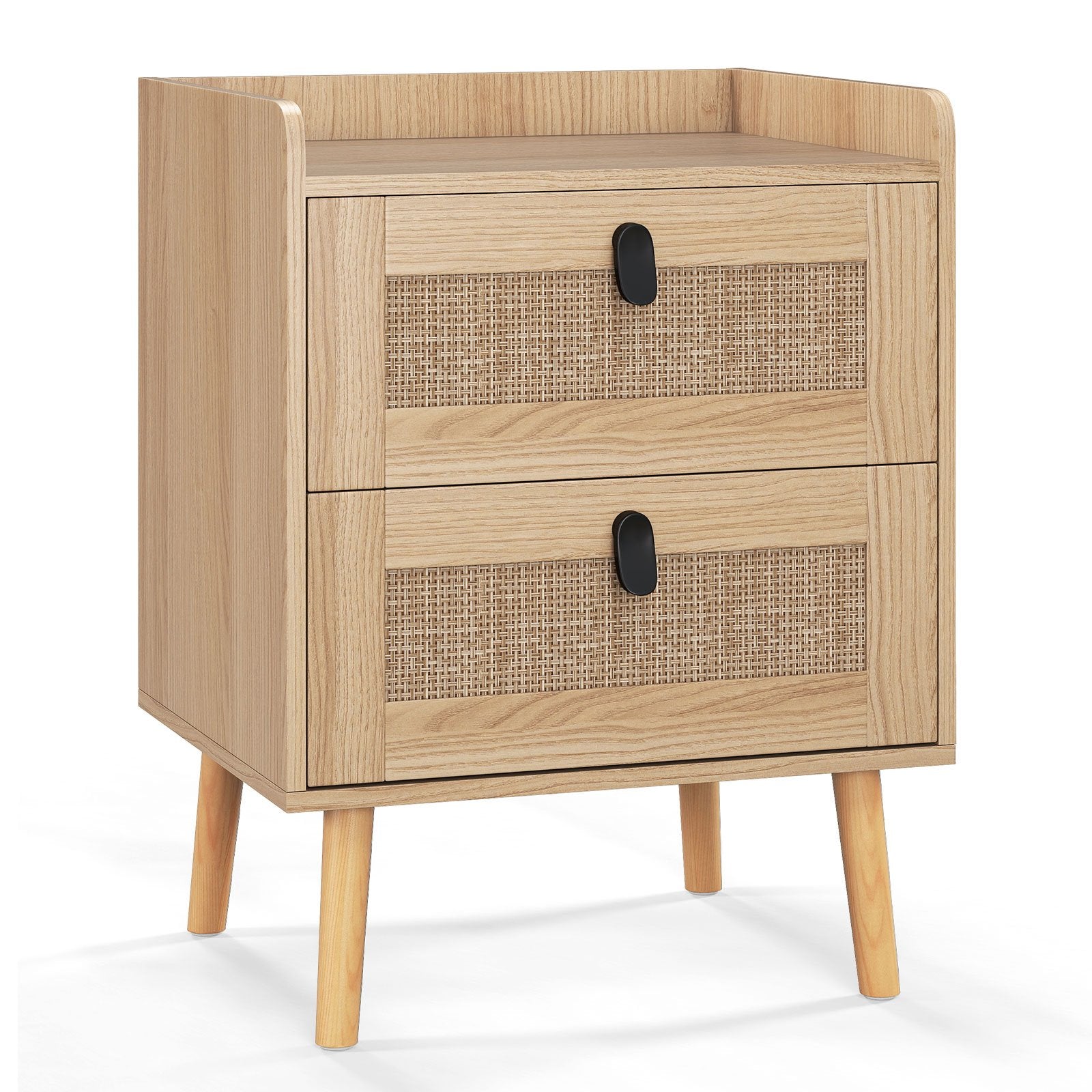 Modern End Table Bedside Table with 2 Rattan Decorated Drawers-Natural
