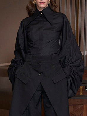Black Oversized Collar Balloon Sleeve Shirt