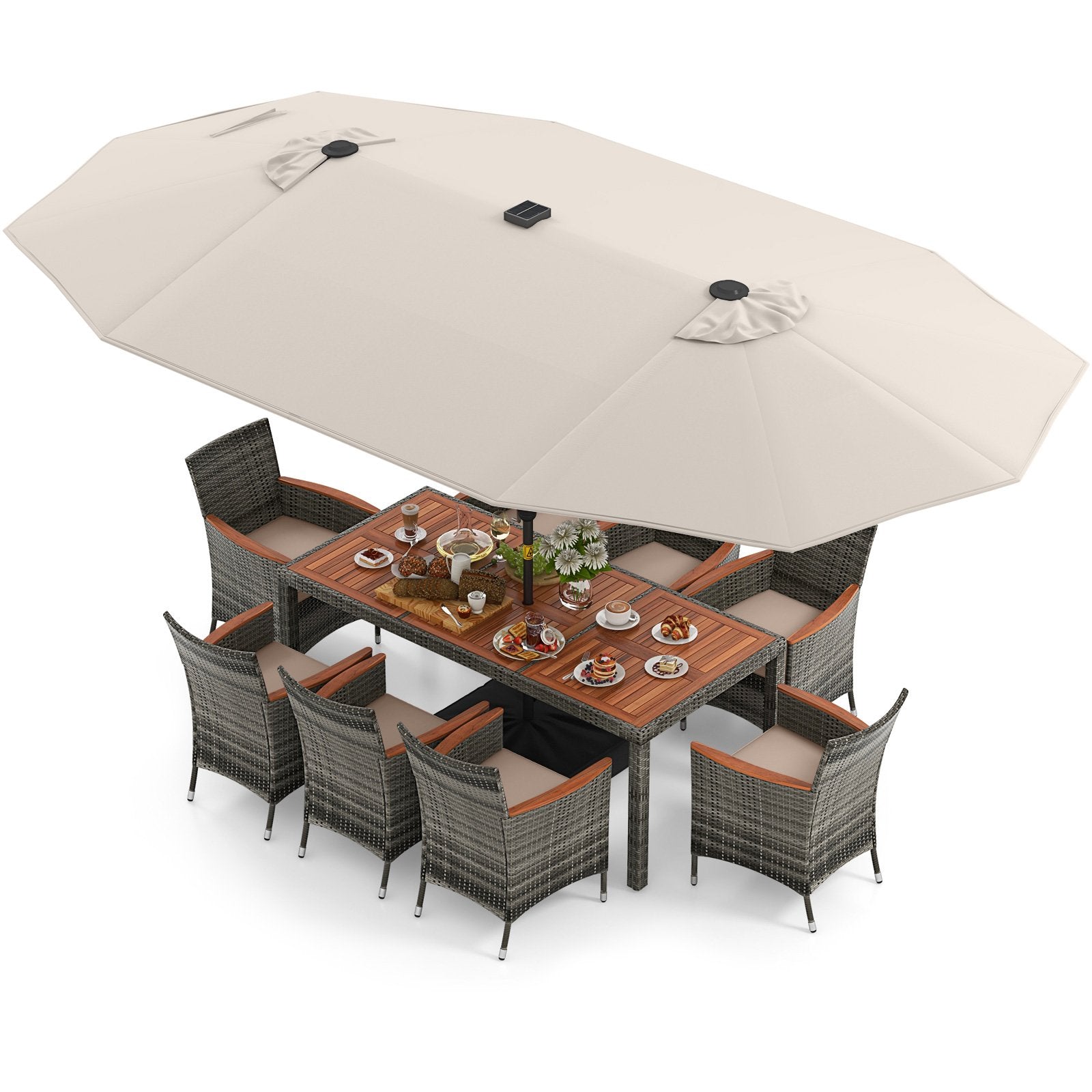 11 Pieces Patio Dining Set with 15 Feet Double-Sided Patio Umbrella Base Included-Beige