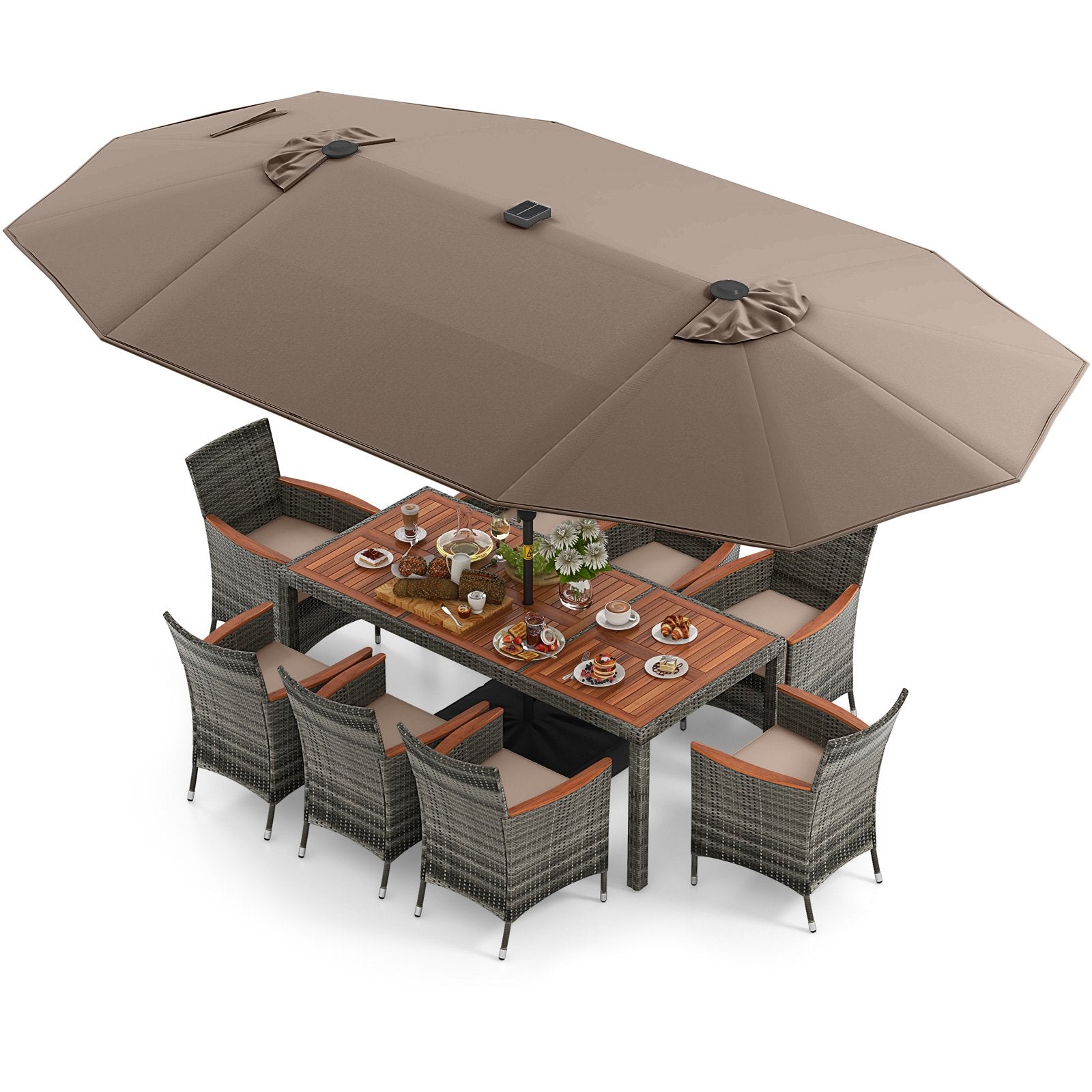 11 Pieces Patio Dining Set with 15 Feet Double-Sided Patio Umbrella Base Included-Beige