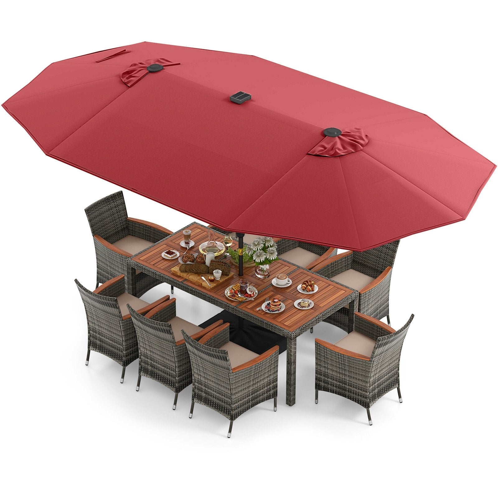 11 Pieces Patio Dining Set with 15 Feet Double-Sided Patio Umbrella Base Included-Beige