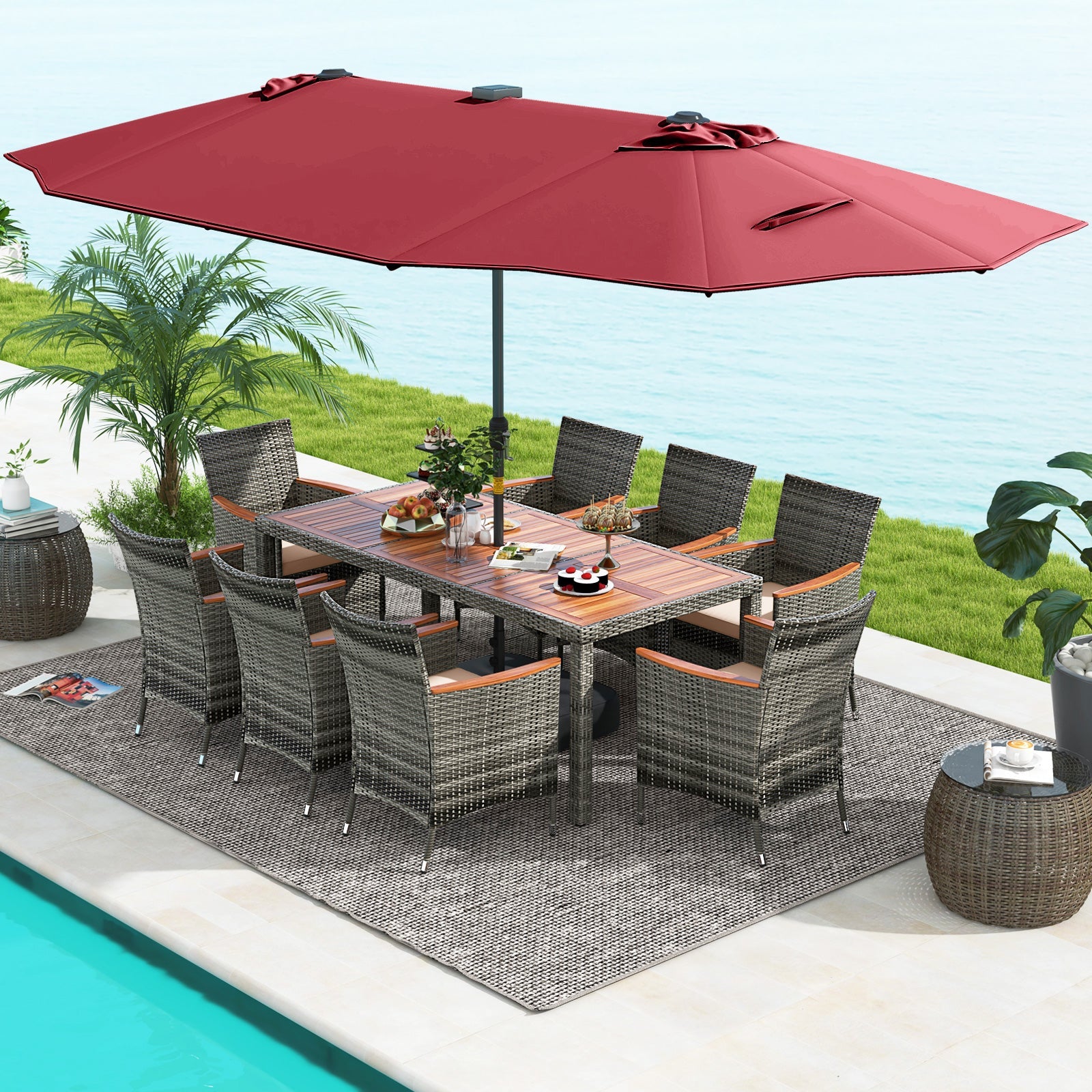 11 Pieces Patio Dining Set with 15 Feet Double-Sided Patio Umbrella Base Included-Beige
