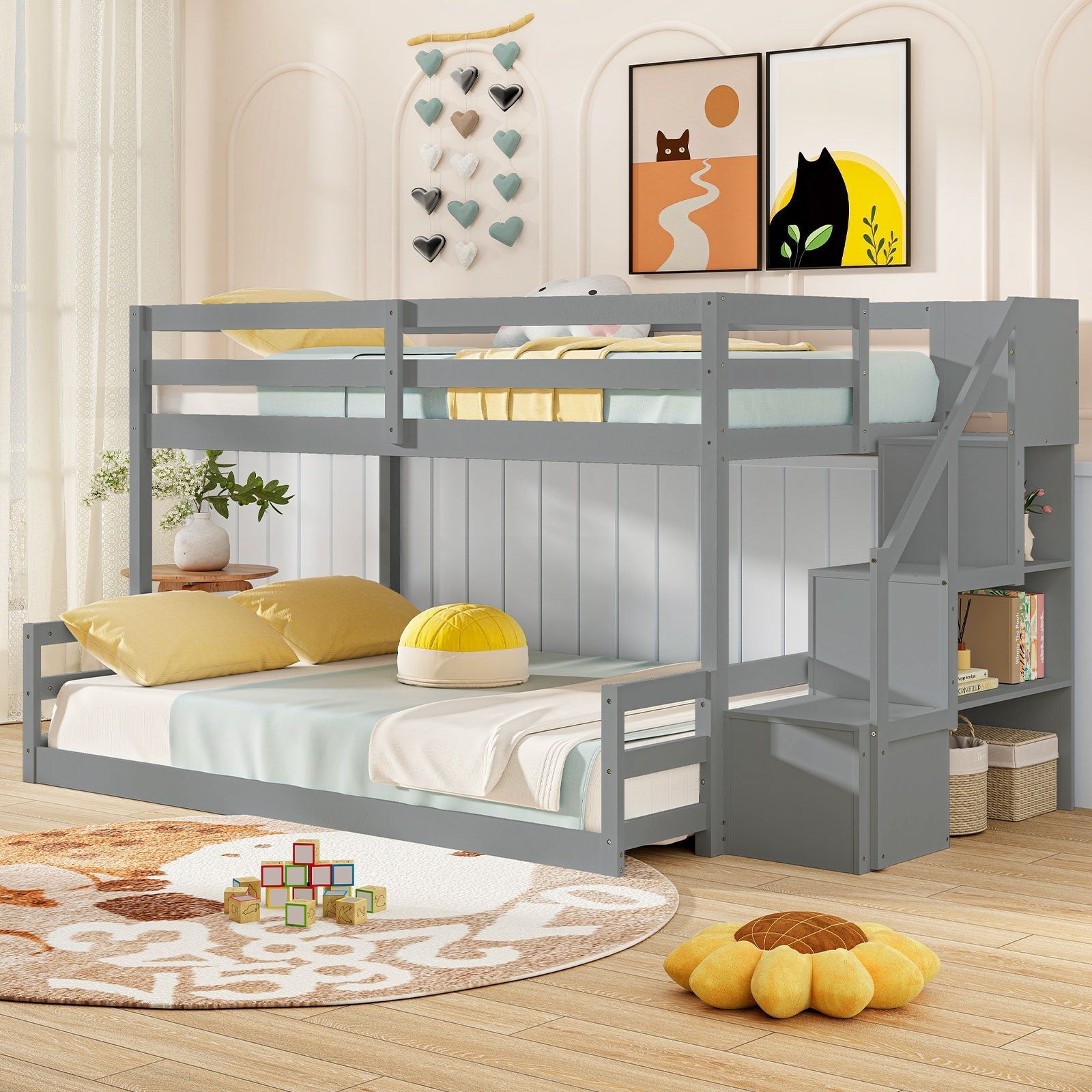 Solid Wood Twin Over Full Low Bunk Bed with Storage Stairs-Grey