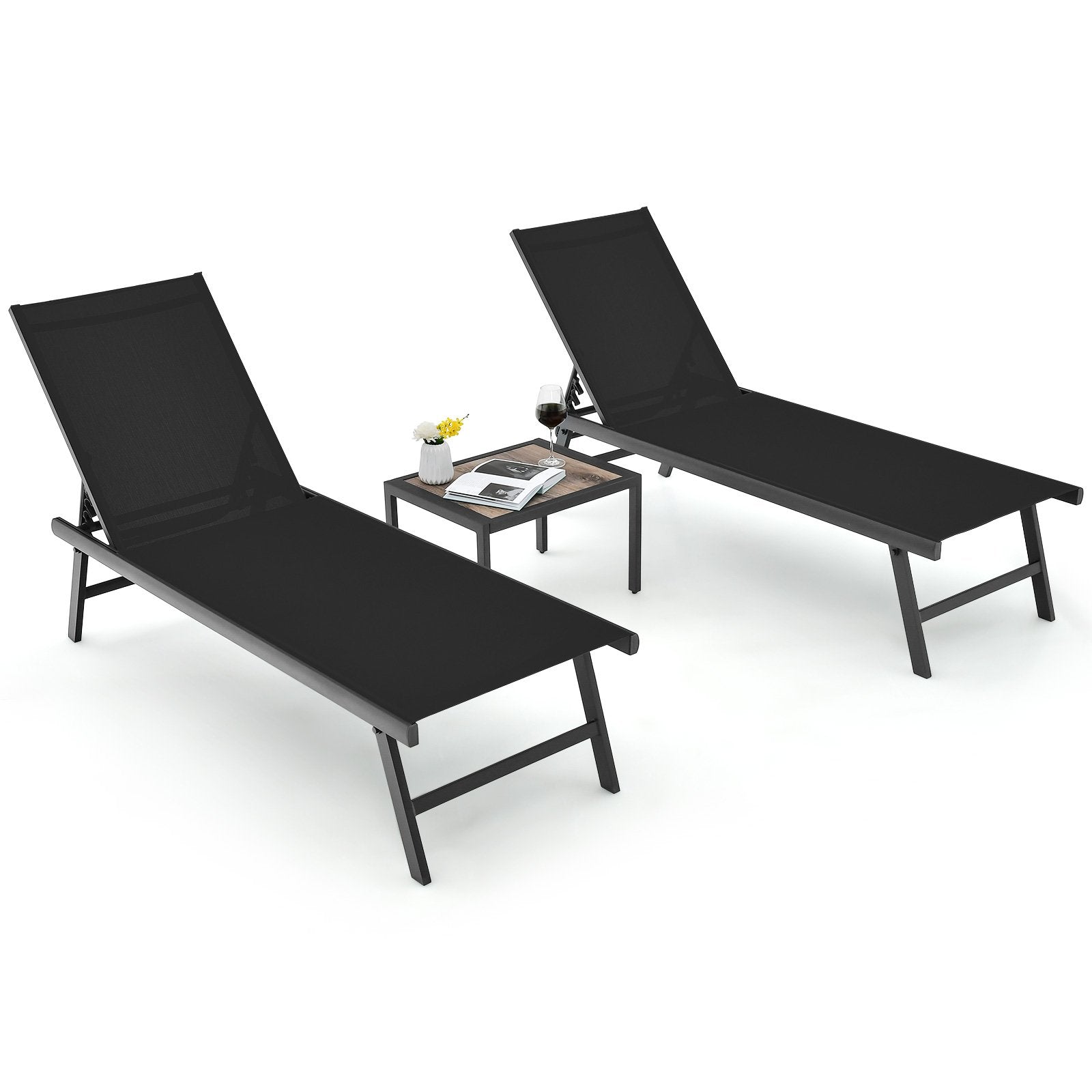 3 Pieces Patio Chaise Lounge Chair and Table Set for Poolside Yard-Black