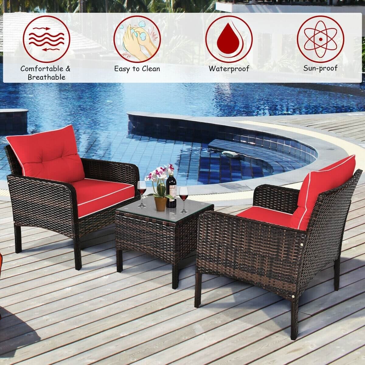 3 Pieces Outdoor Patio Rattan Conversation Set with Seat Cushions-Beige