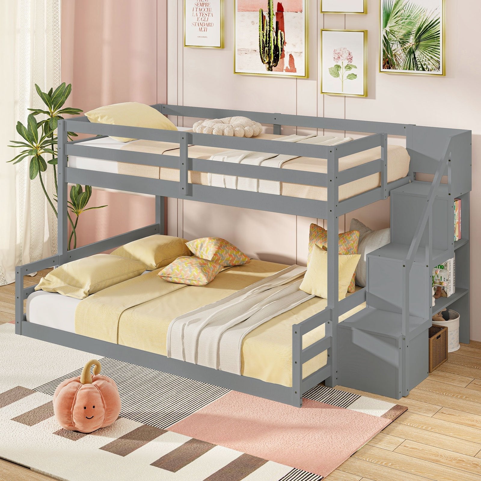 Solid Wood Twin Over Full Low Bunk Bed with Storage Stairs-Grey