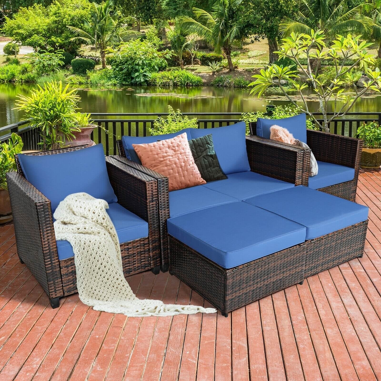 5 Pieces Patio Cushioned Rattan Furniture Set-Black