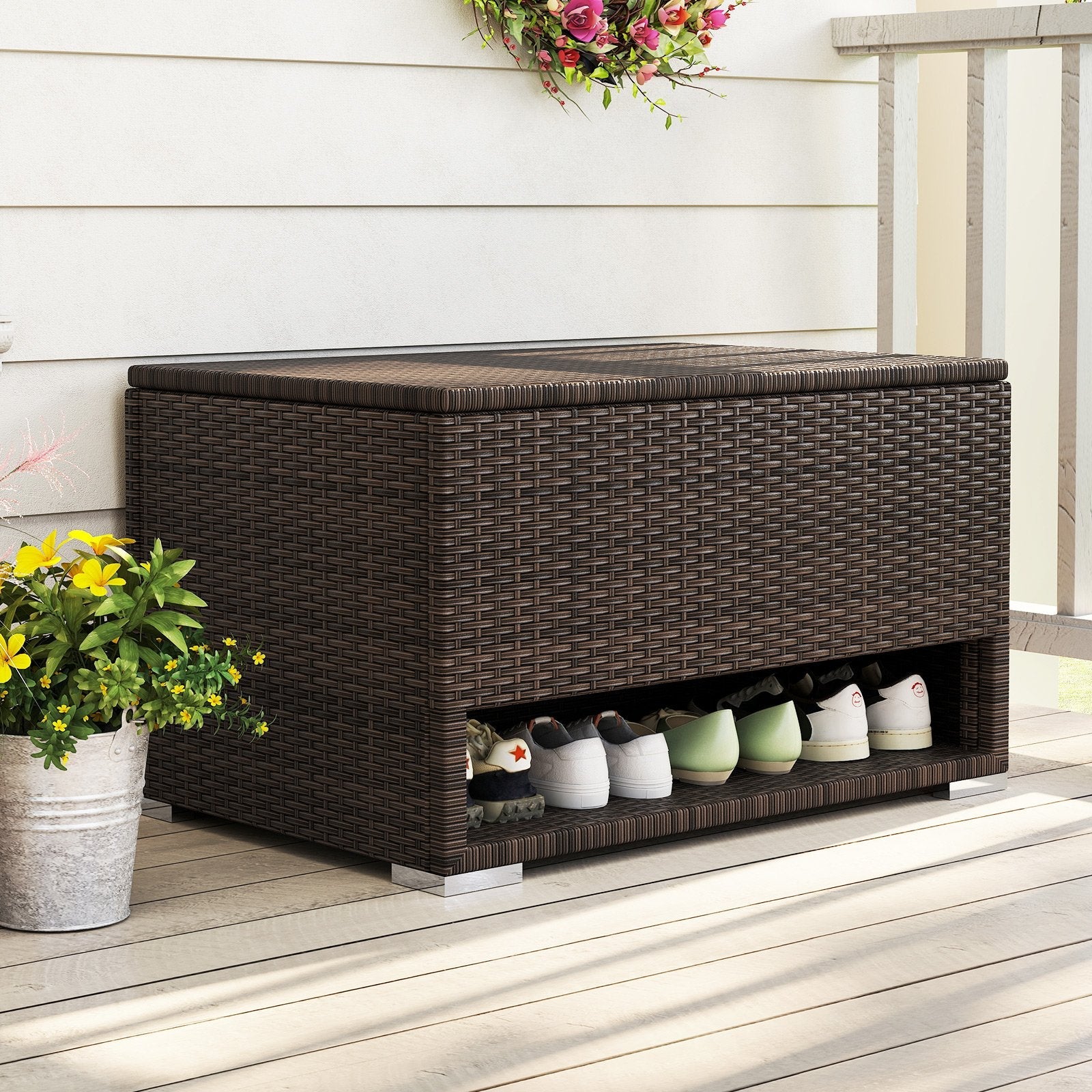 PE Rattan Storage Bin with Waterproof Liner for Patio Cushions