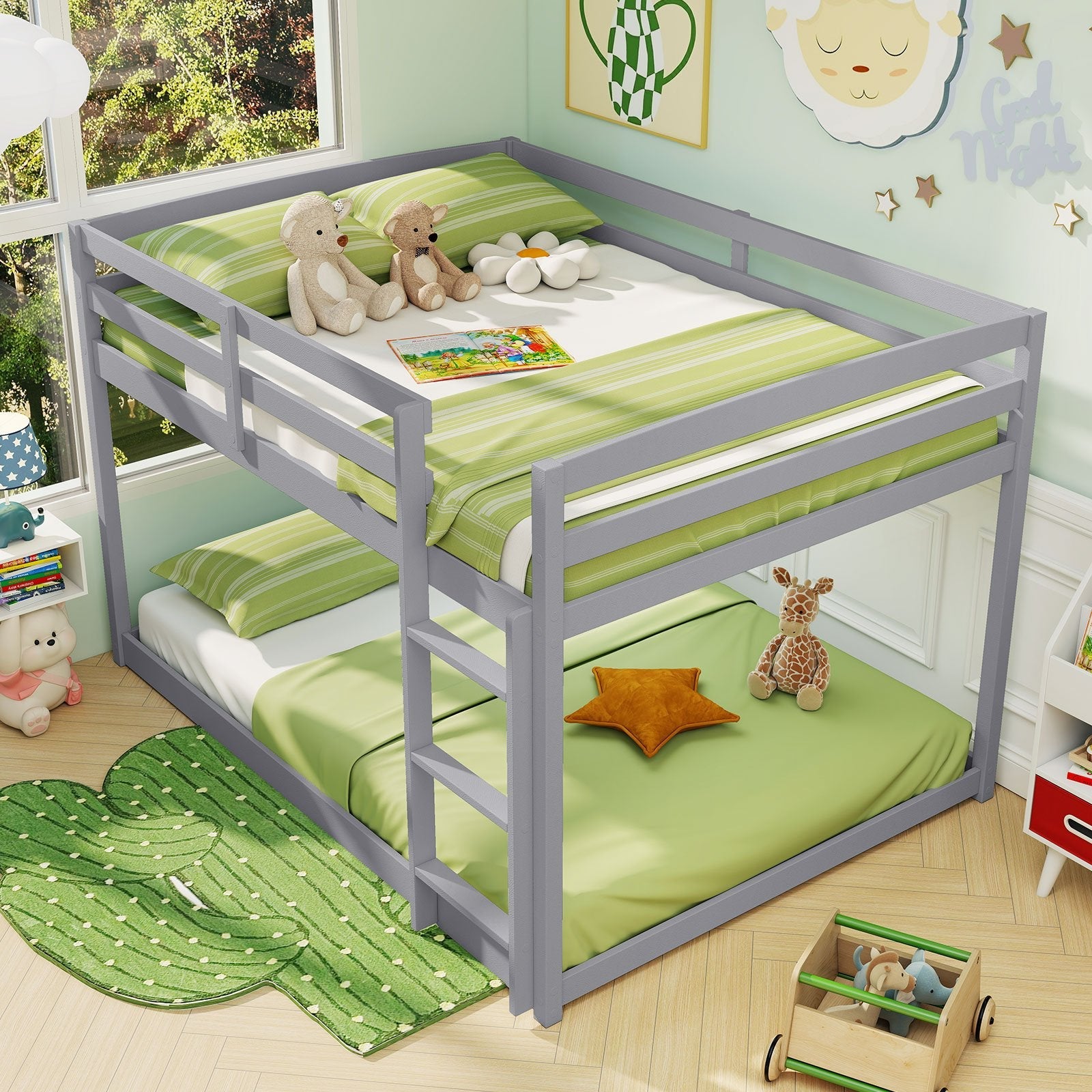 Full Over Full Bunk Bed Low-to-ground Bunk Bed-Gray