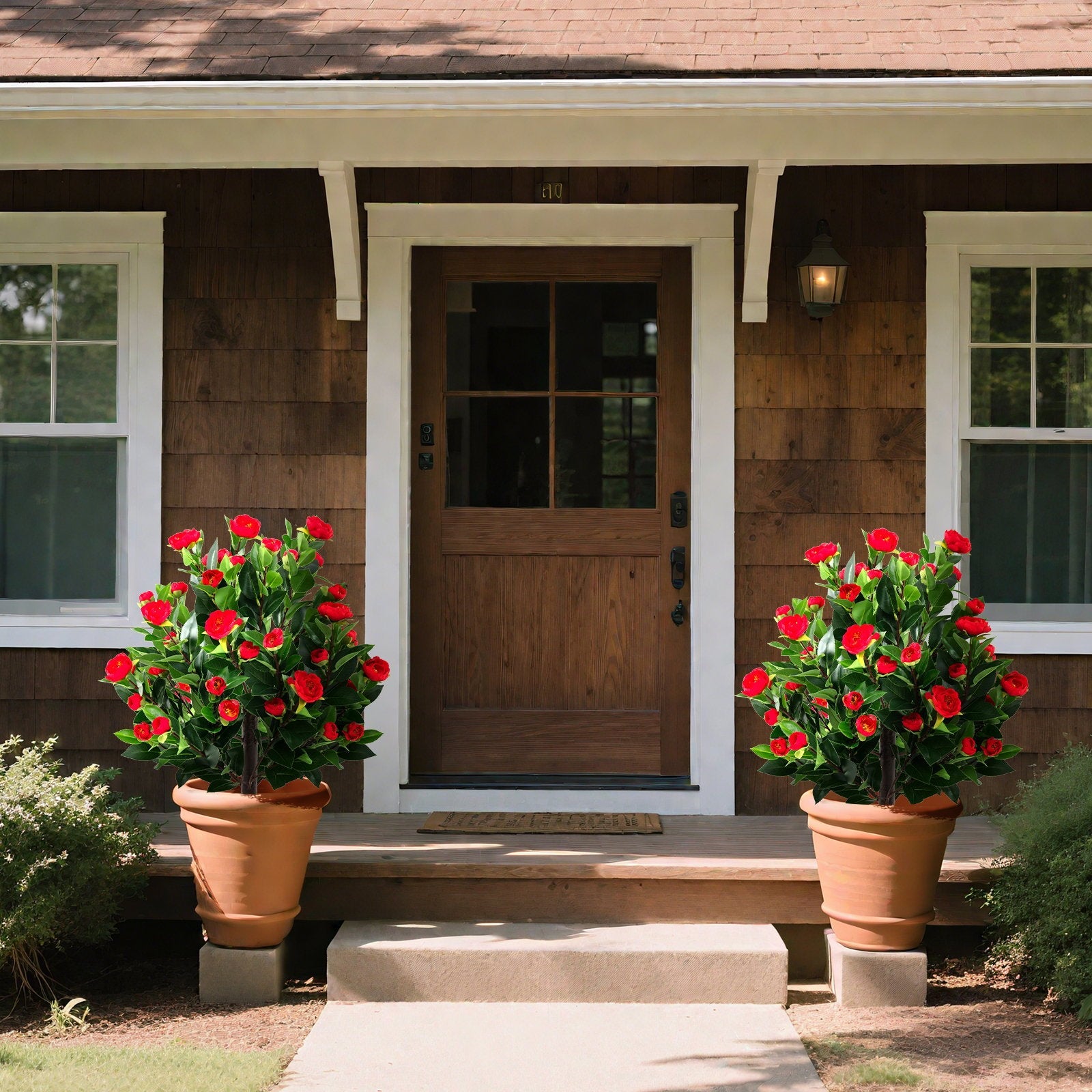 31 Inches Artificial Camellia Tree Set 2 Pack Fake Flower Trees-Green