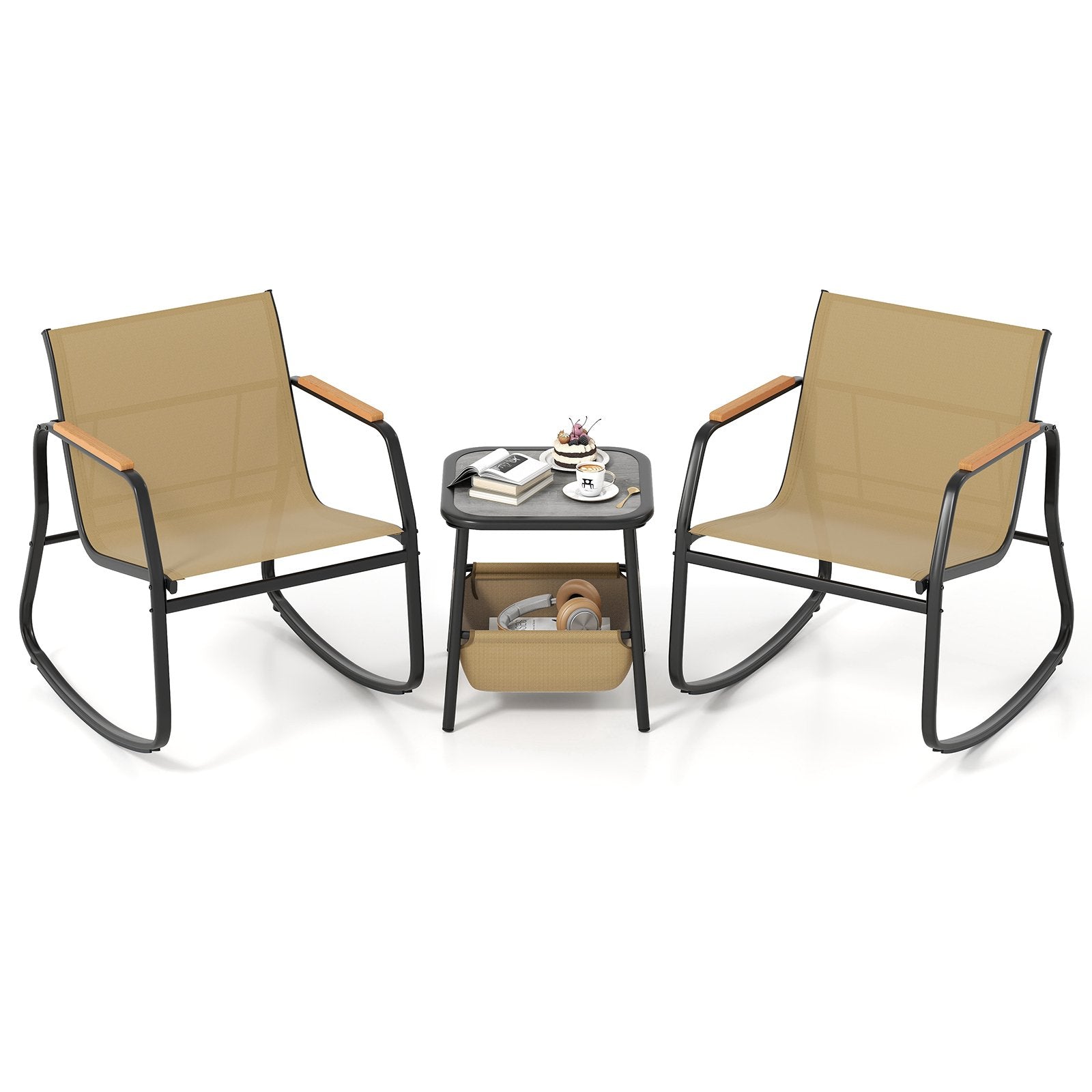 3 Piece Rocking Bistro Chairs and Side Table Set with Storage Bag-Brown