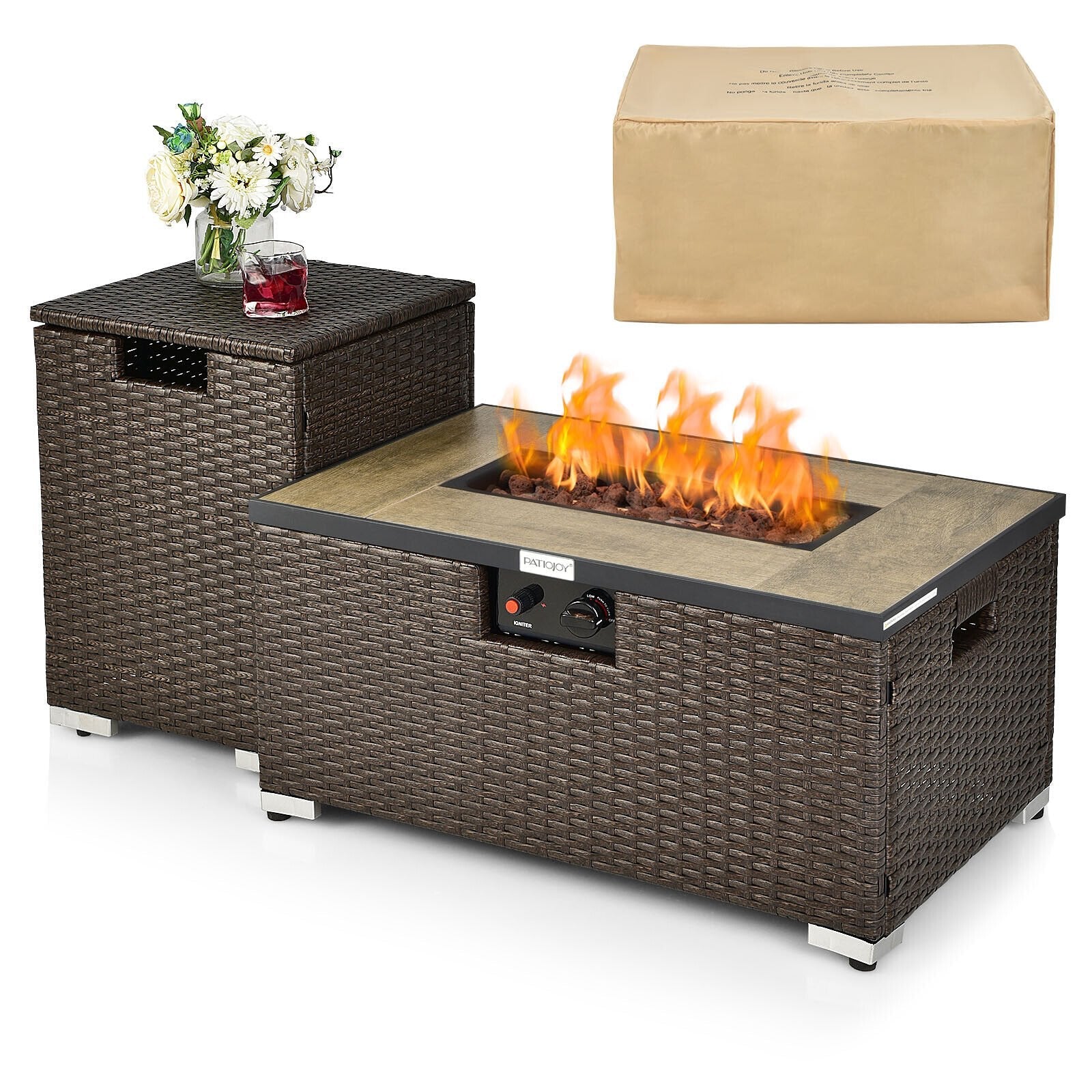 32 x 20 Inch Propane Rattan Fire Pit Table Set with Side Table Tank and Cover-Black