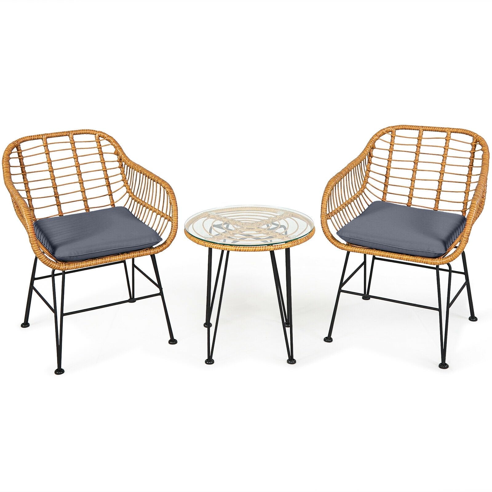 3 Pieces Rattan Furniture Set with Cushioned Chair Table-Black