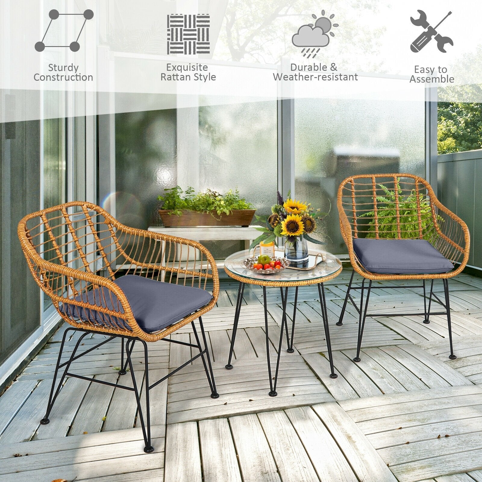 3 Pieces Rattan Furniture Set with Cushioned Chair Table-Black