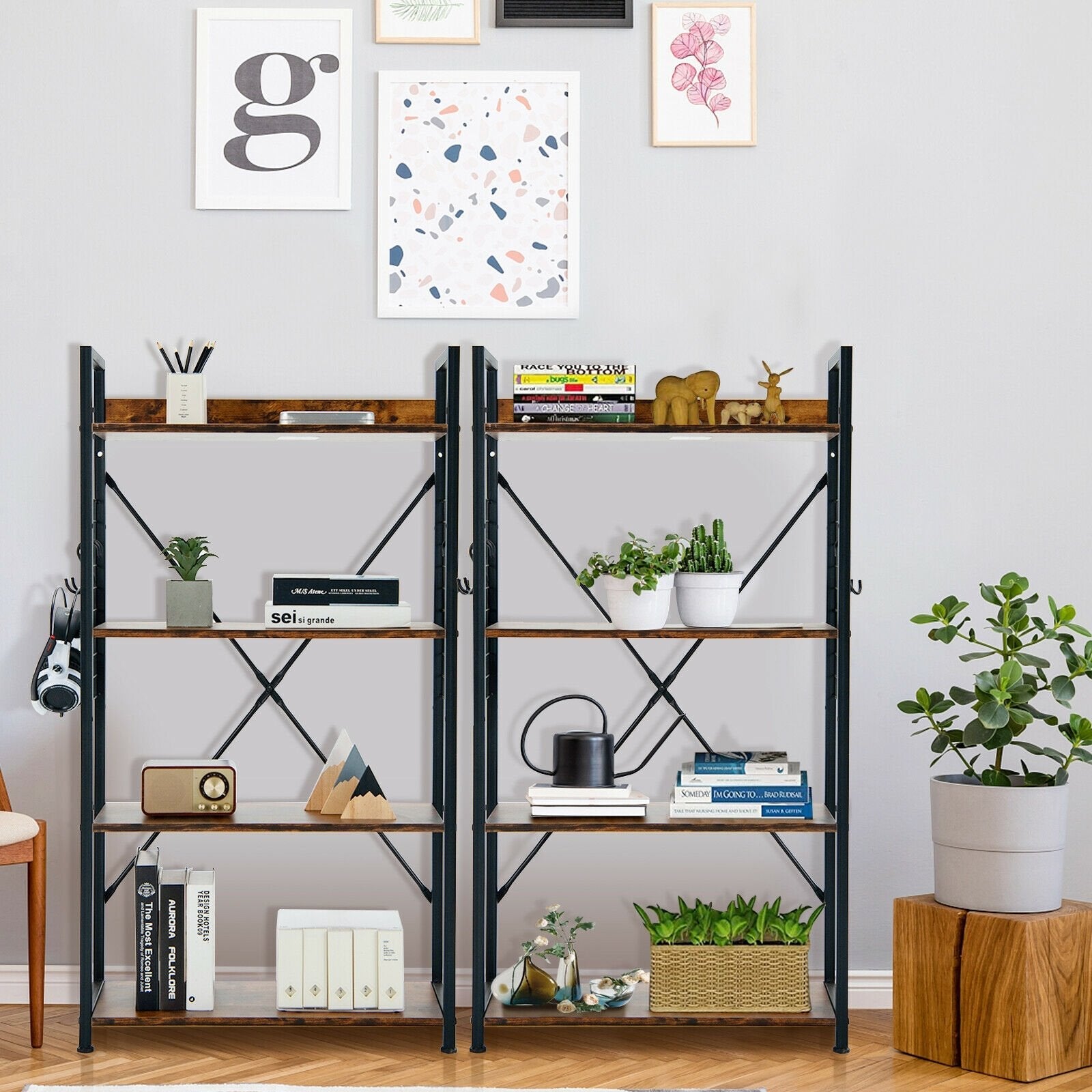 4 -Tier Industrial Open Storage Bookshelf-Rustic Brown