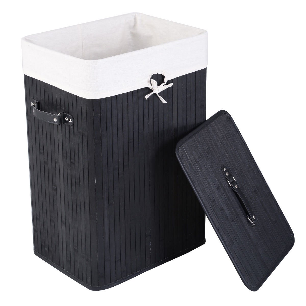 Rectangle Bamboo Hamper Laundry Basket Washing Cloth Bin Storage Bag with Lid-Black