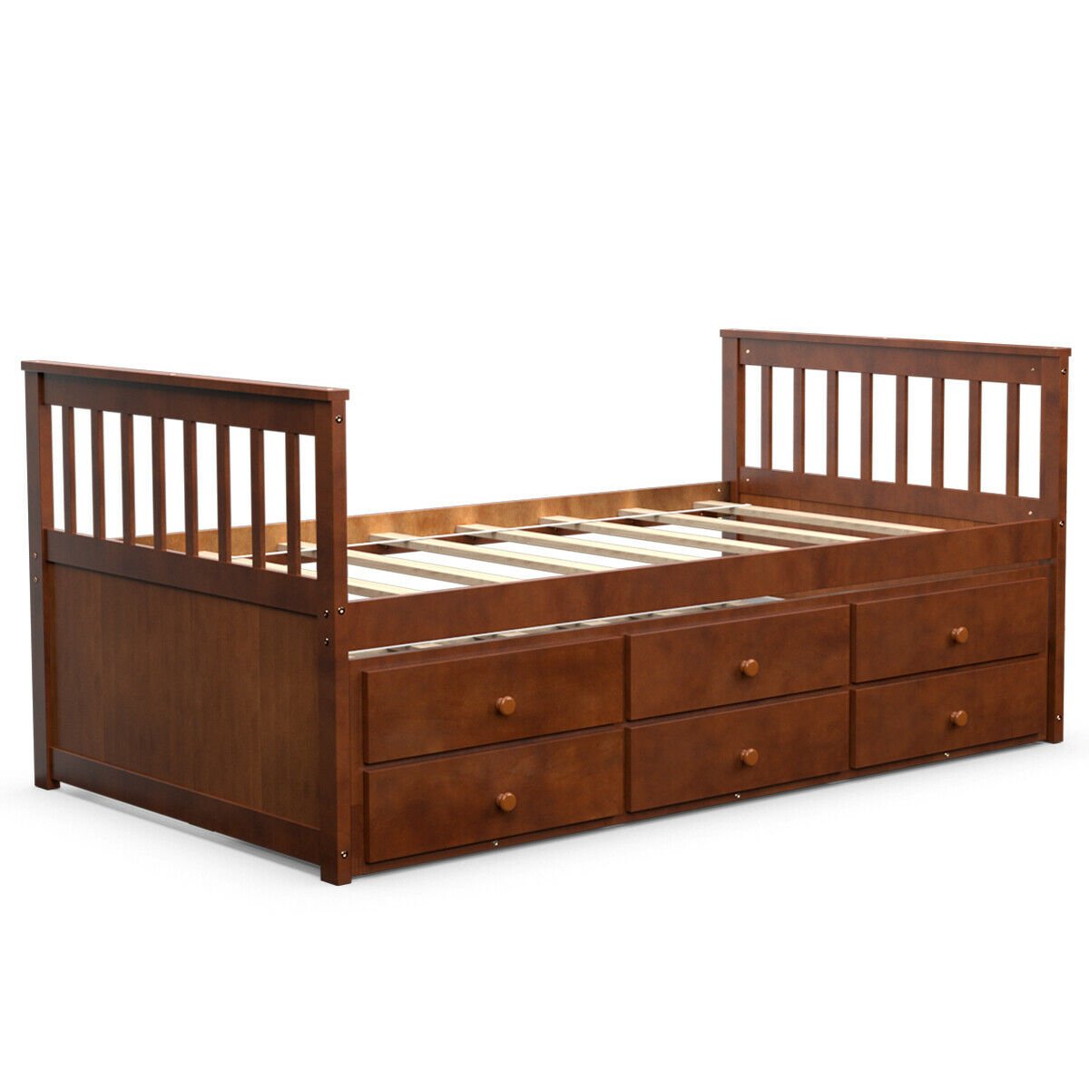 Twin Captain’s Bed with Trundle Bed with 3 Storage Drawers-Dark Brown