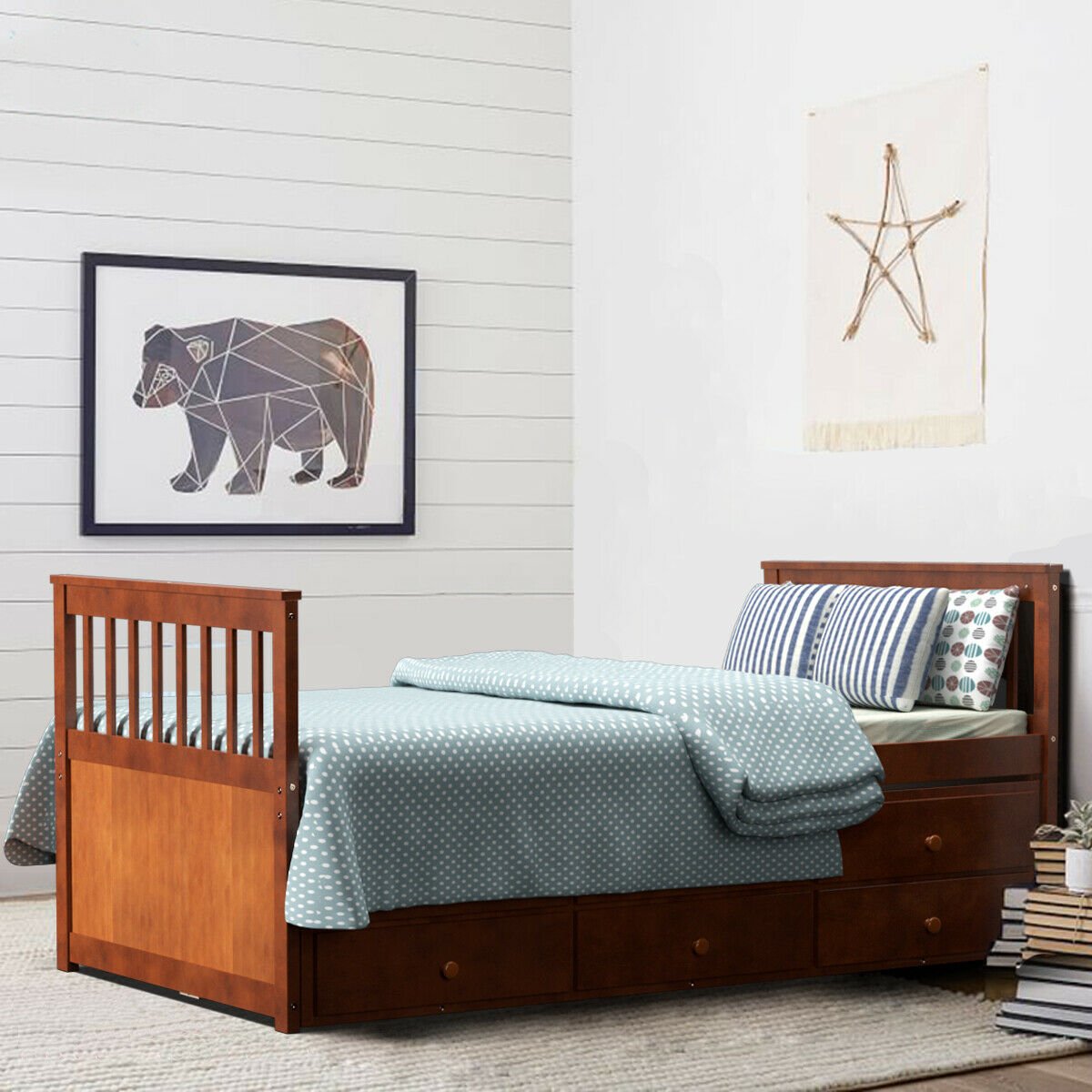 Twin Captain’s Bed with Trundle Bed with 3 Storage Drawers-Dark Brown