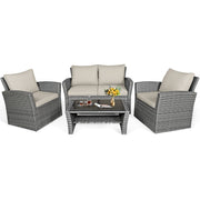4 Pieces Patio Rattan Furniture Set Sofa Table with Storage Shelf Cushion-Beige