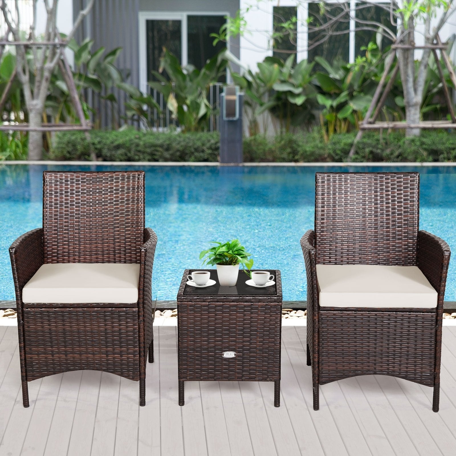 3Pcs Patio Rattan Furniture Set Cushioned Sofa and Glass Tabletop Deck-Blue