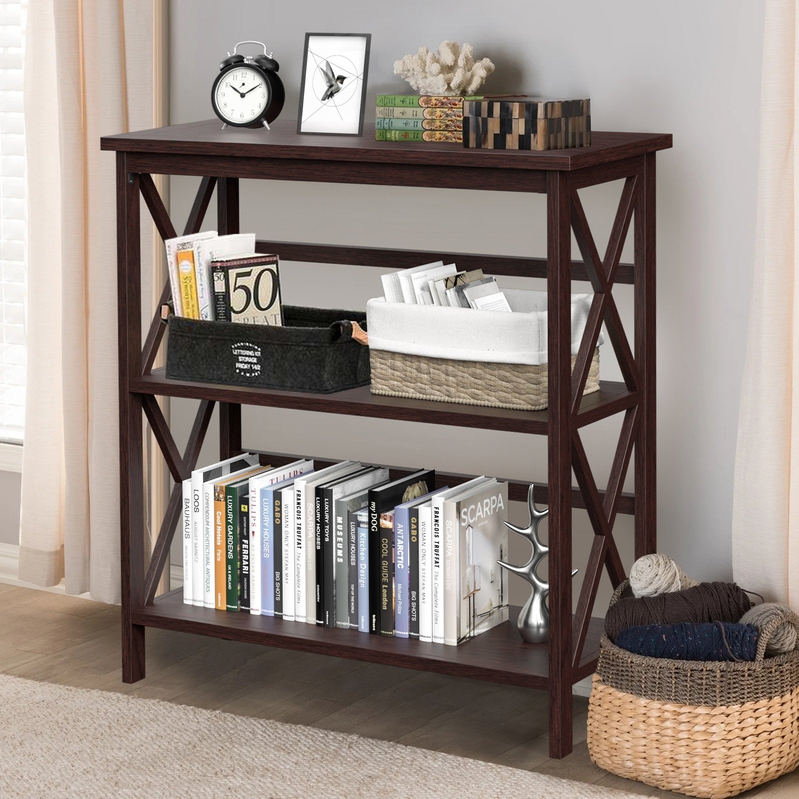 3-Tier Multi-Functional Storage Shelf Units Wooden Open Bookcase and Bookshelf-Black