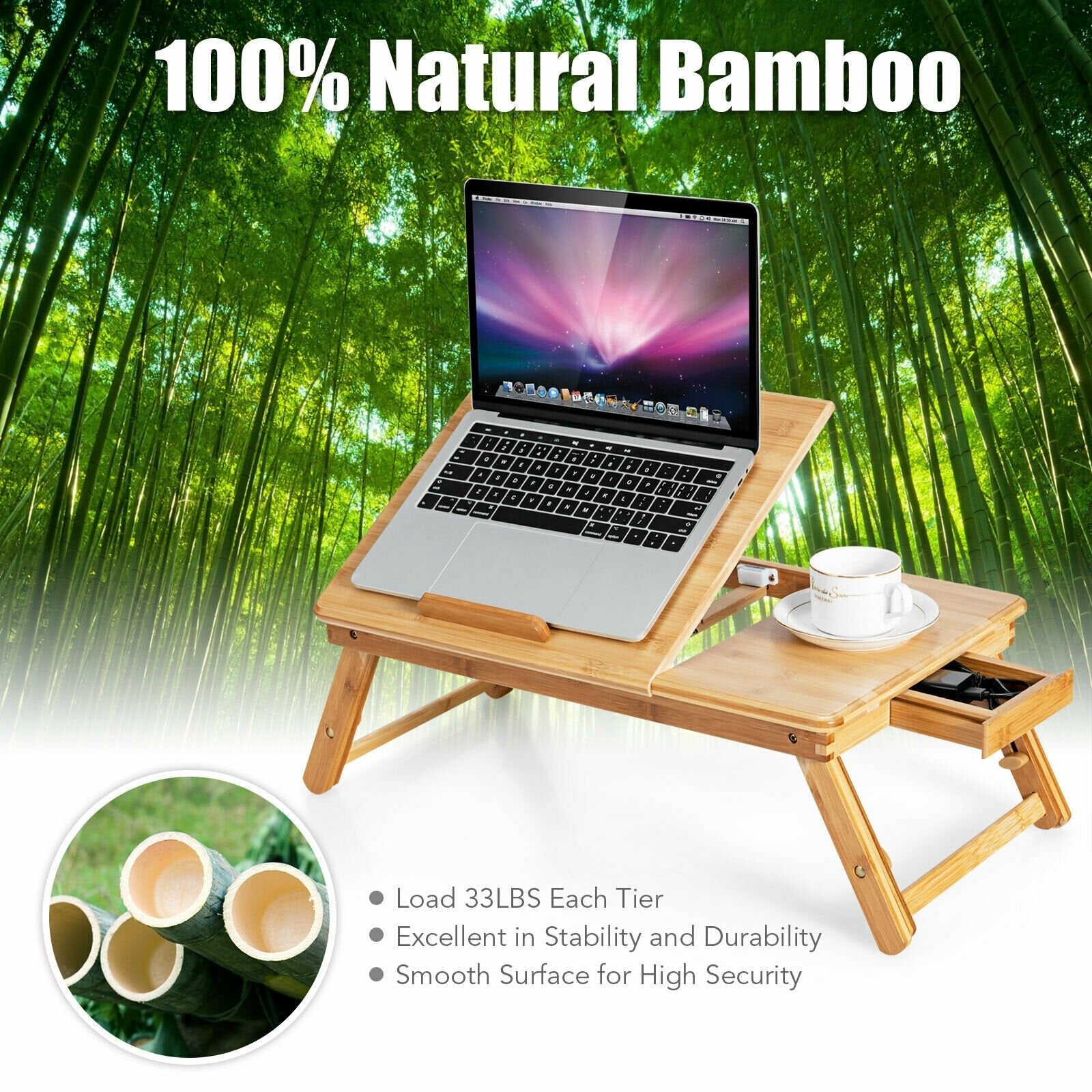 Adjustable Bamboo Laptop Desk with Tilting Top and Drawer-Brown