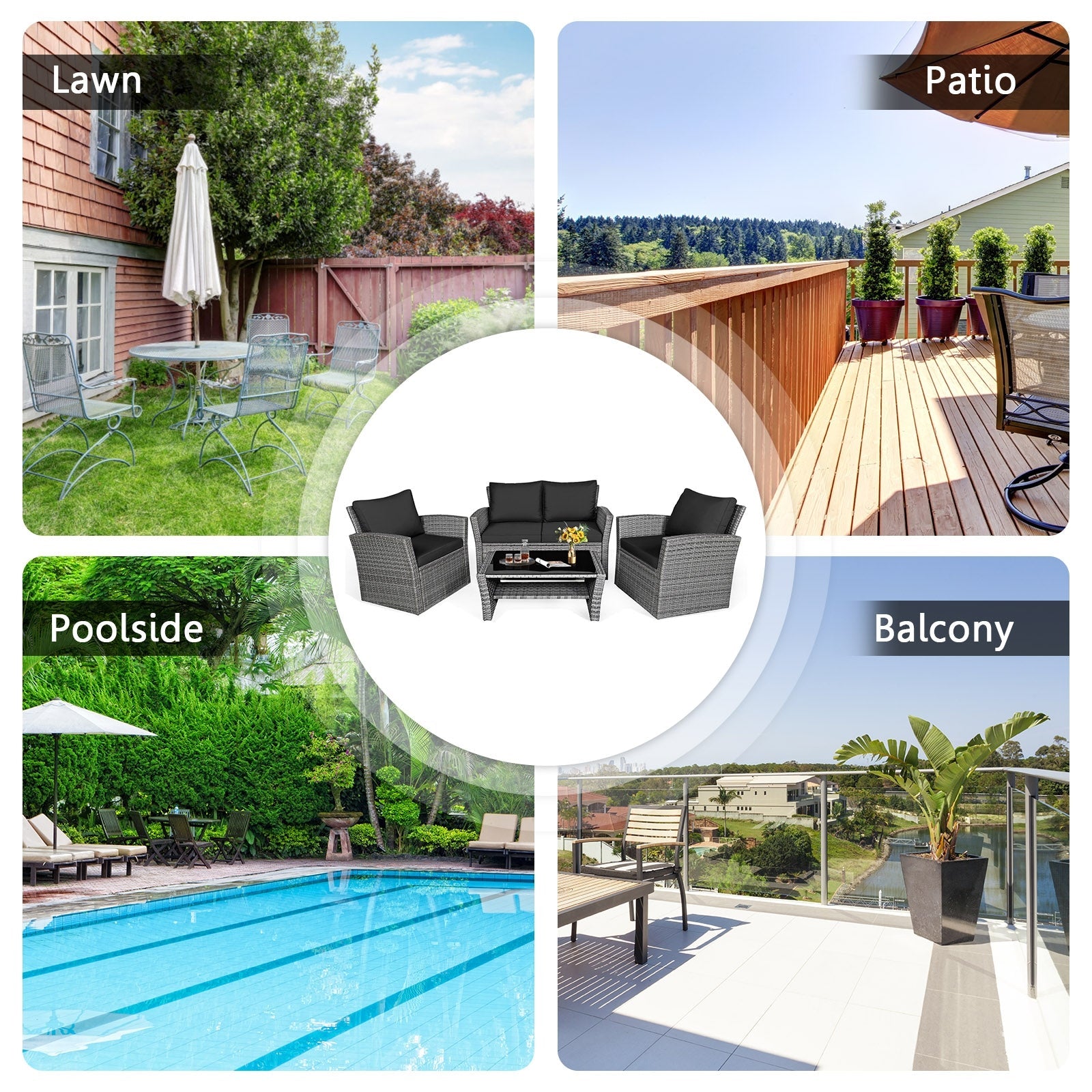 4 Pieces Patio Rattan Furniture Set Sofa Table with Storage Shelf Cushion-Beige