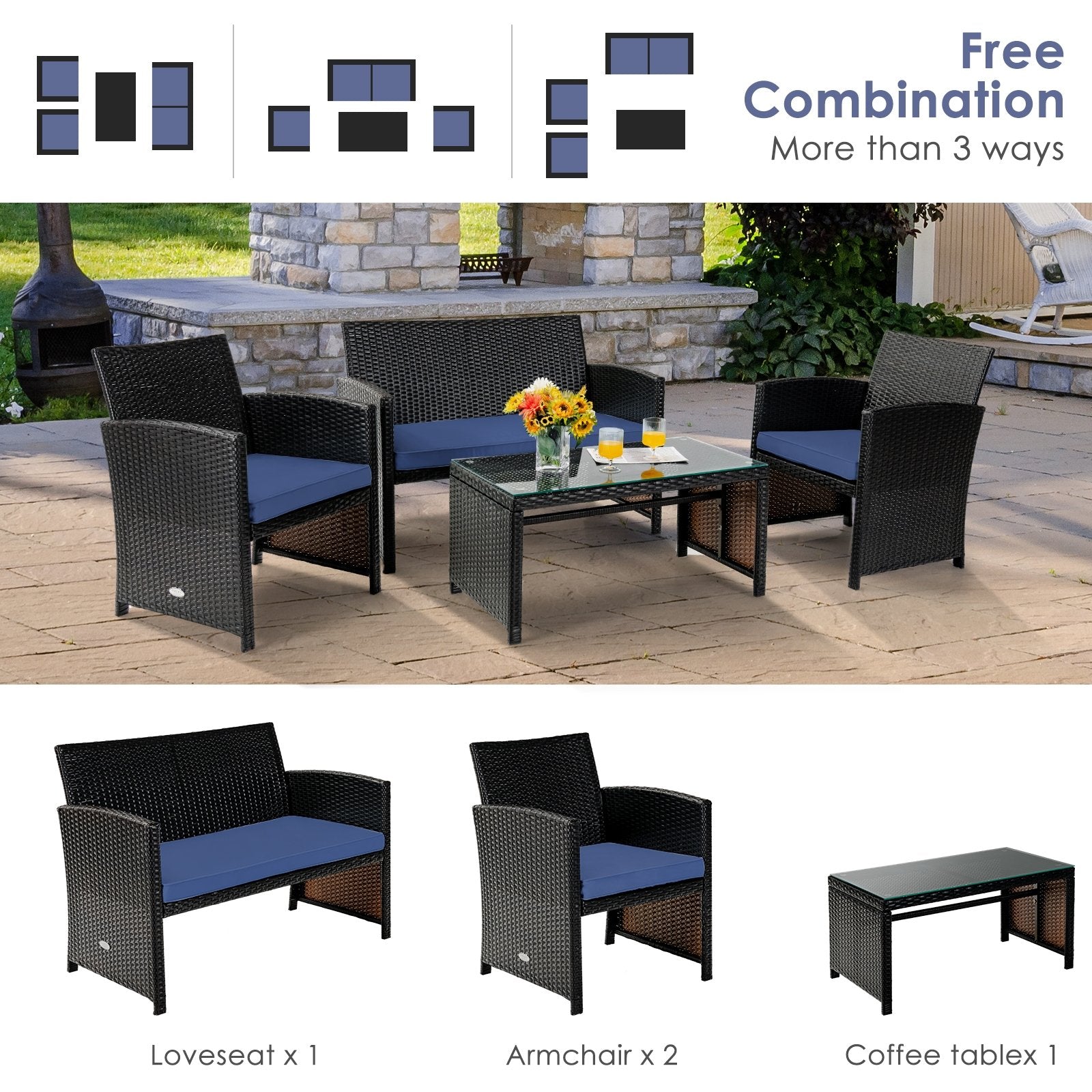 4 Pieces Patio Rattan Cushioned Furniture Set with Coffee Table-Black