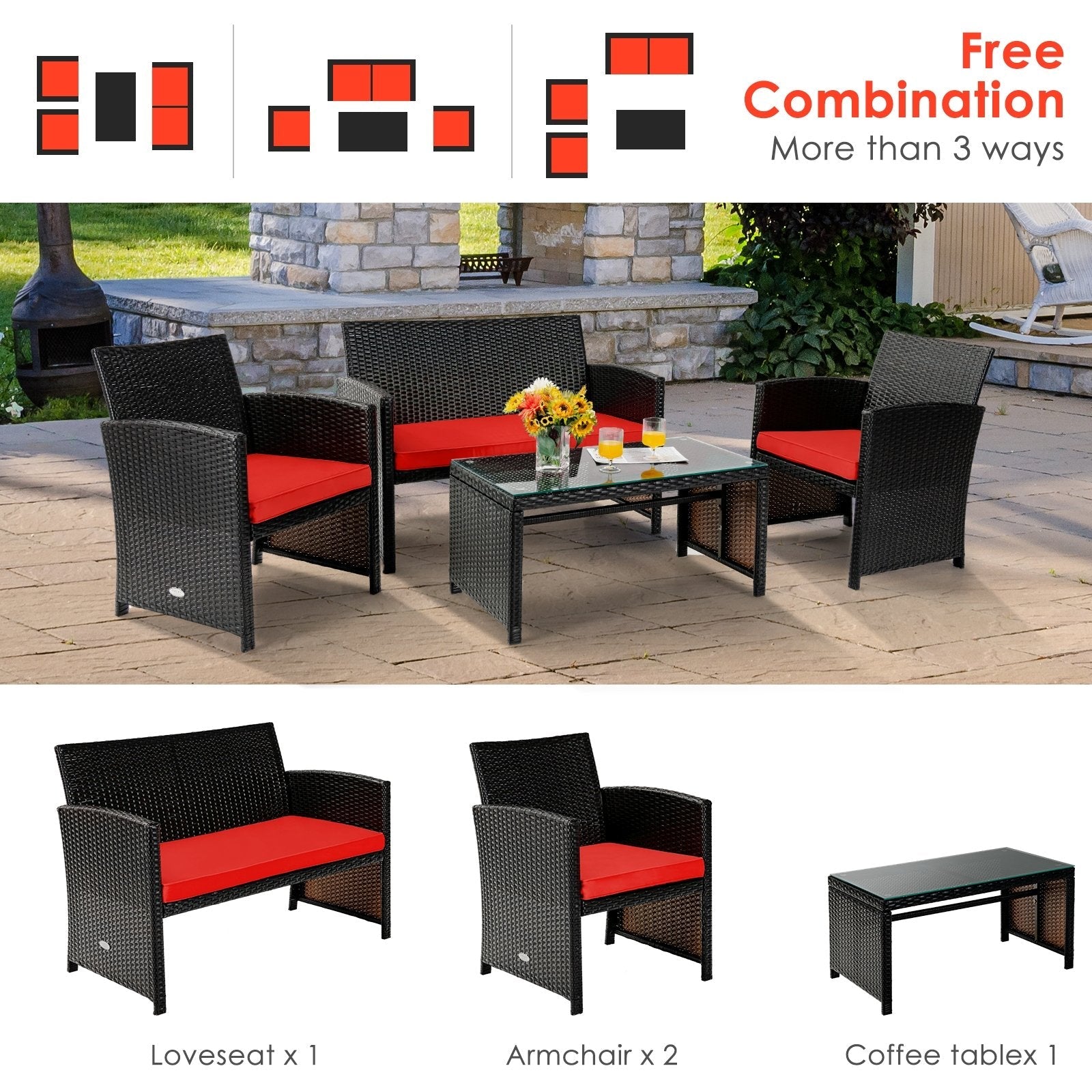 4 Pieces Patio Rattan Cushioned Furniture Set with Coffee Table-Black