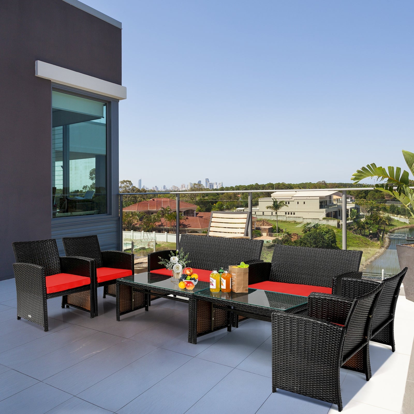 4 Pieces Patio Rattan Cushioned Furniture Set with Coffee Table-Black