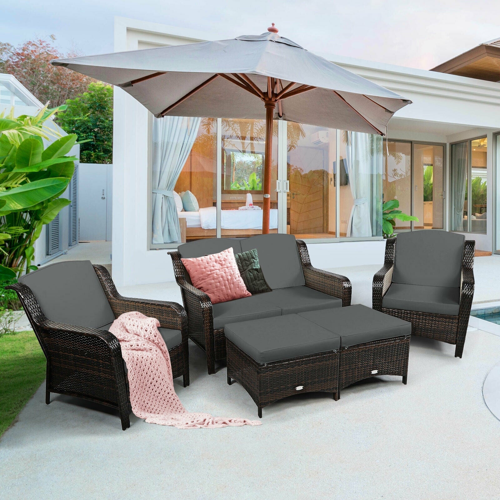 5 Pieces Patio Rattan Sofa Set with Cushion and Ottoman-Black