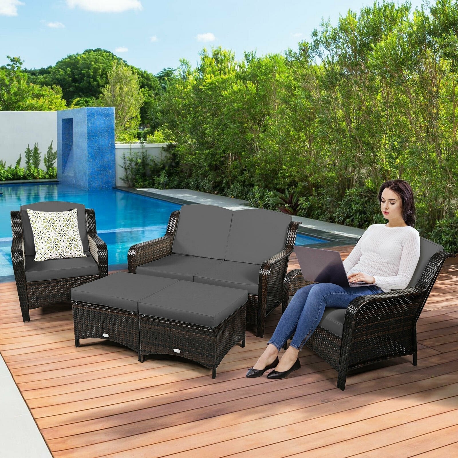 5 Pieces Patio Rattan Sofa Set with Cushion and Ottoman-Black