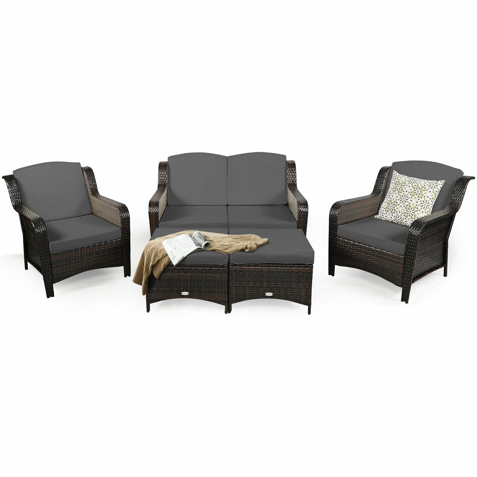 5 Pieces Patio Rattan Sofa Set with Cushion and Ottoman-Black