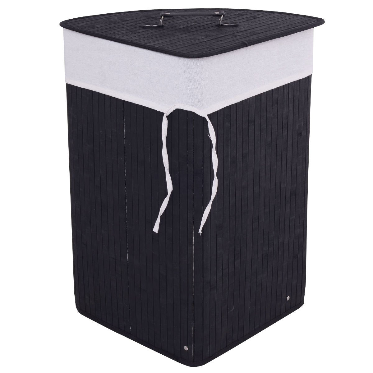 Corner Bamboo Hamper Laundry Basket with Lid and Removable Liner-Black