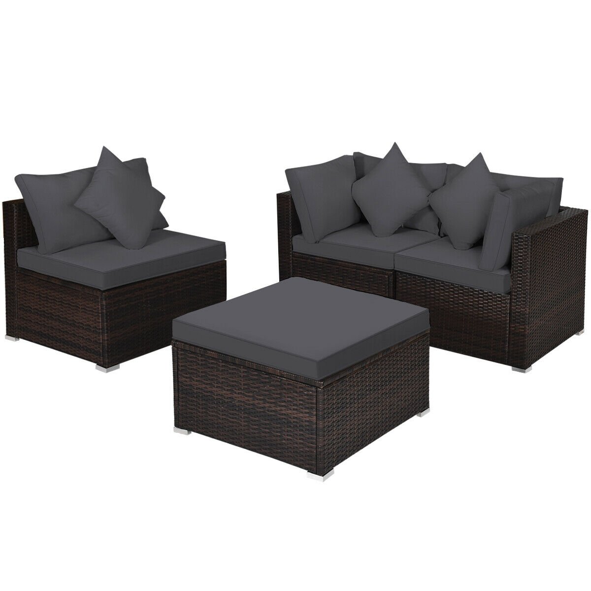 4 Pieces Ottoman Garden Patio Rattan Wicker Furniture Set with Cushion-Black