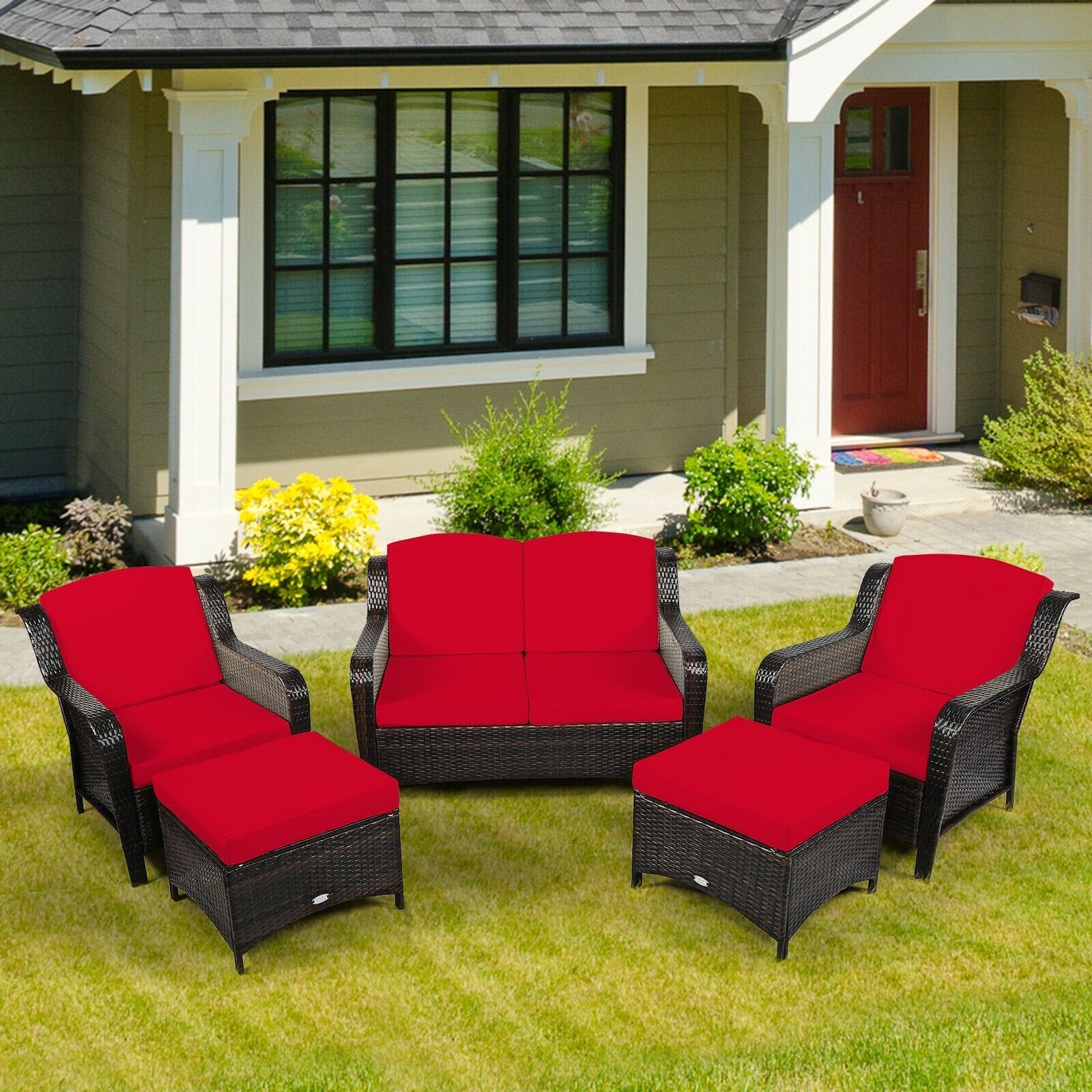 5 Pieces Patio Rattan Sofa Set with Cushion and Ottoman-Black