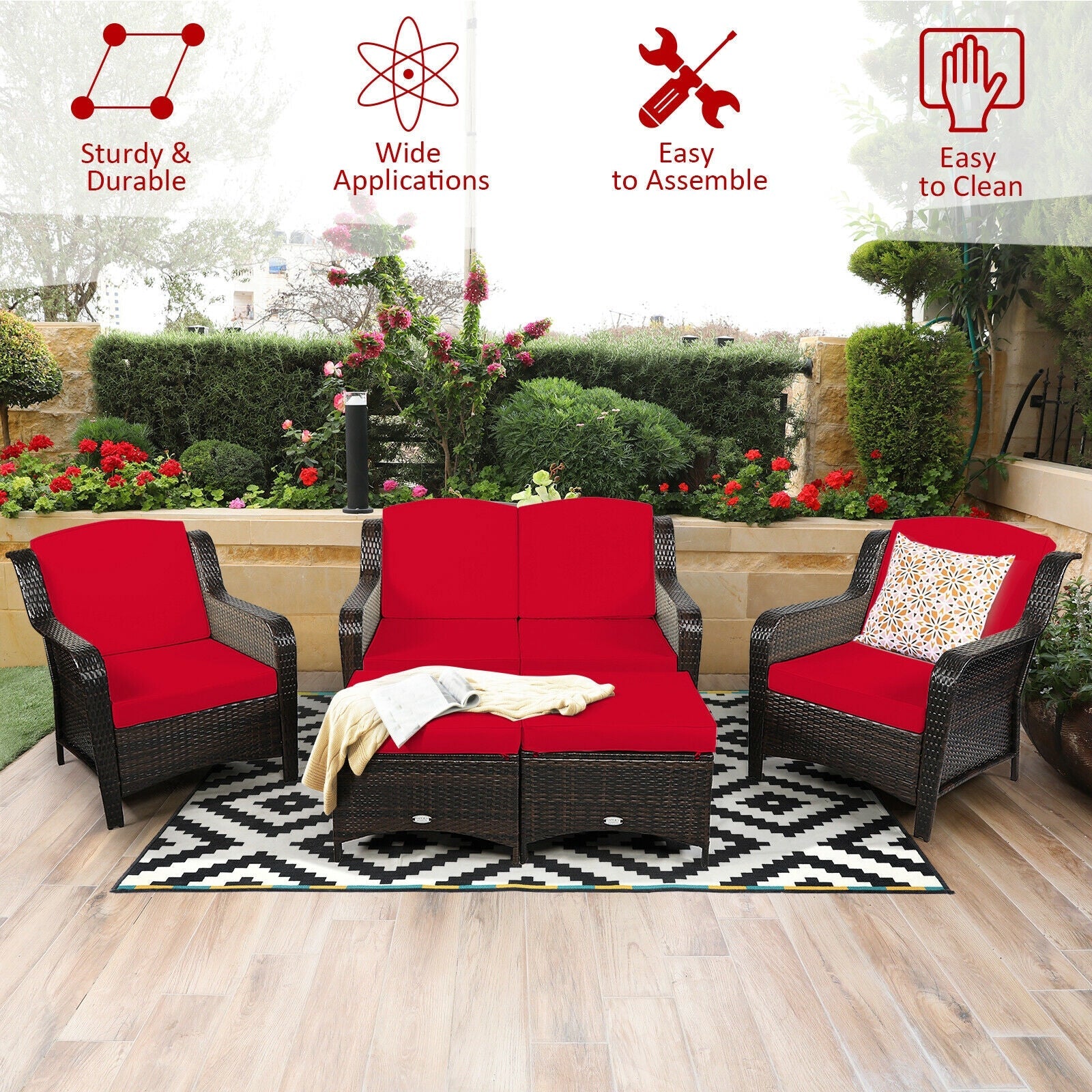 5 Pieces Patio Rattan Sofa Set with Cushion and Ottoman-Black