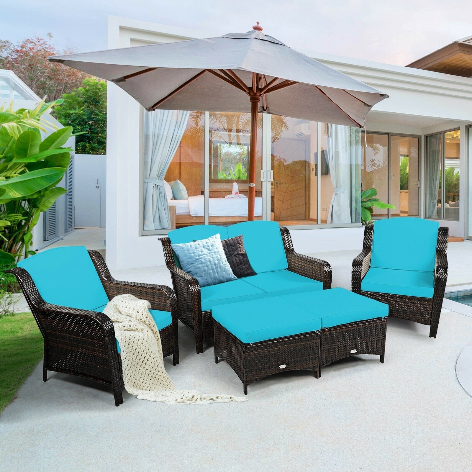 5 Pieces Patio Rattan Sofa Set with Cushion and Ottoman-Black