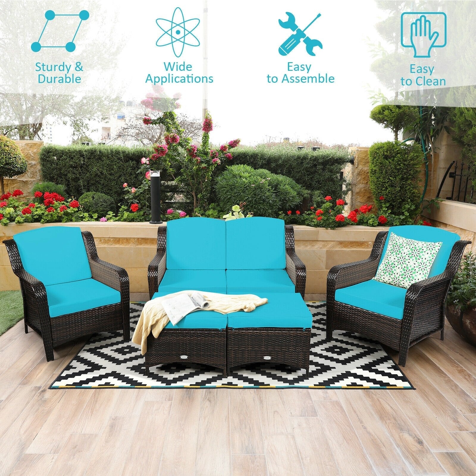 5 Pieces Patio Rattan Sofa Set with Cushion and Ottoman-Black