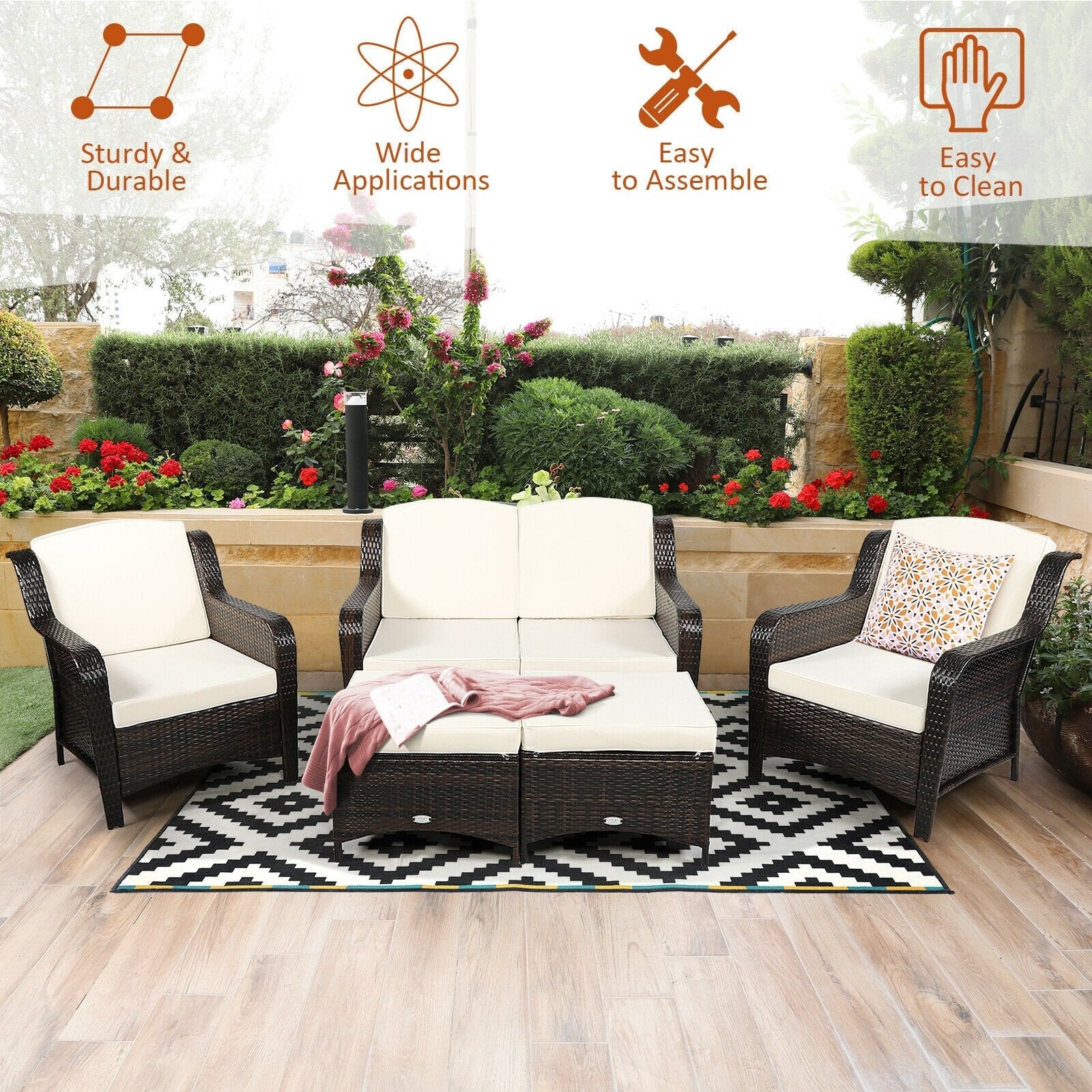 5 Pieces Patio Rattan Sofa Set with Cushion and Ottoman-Black