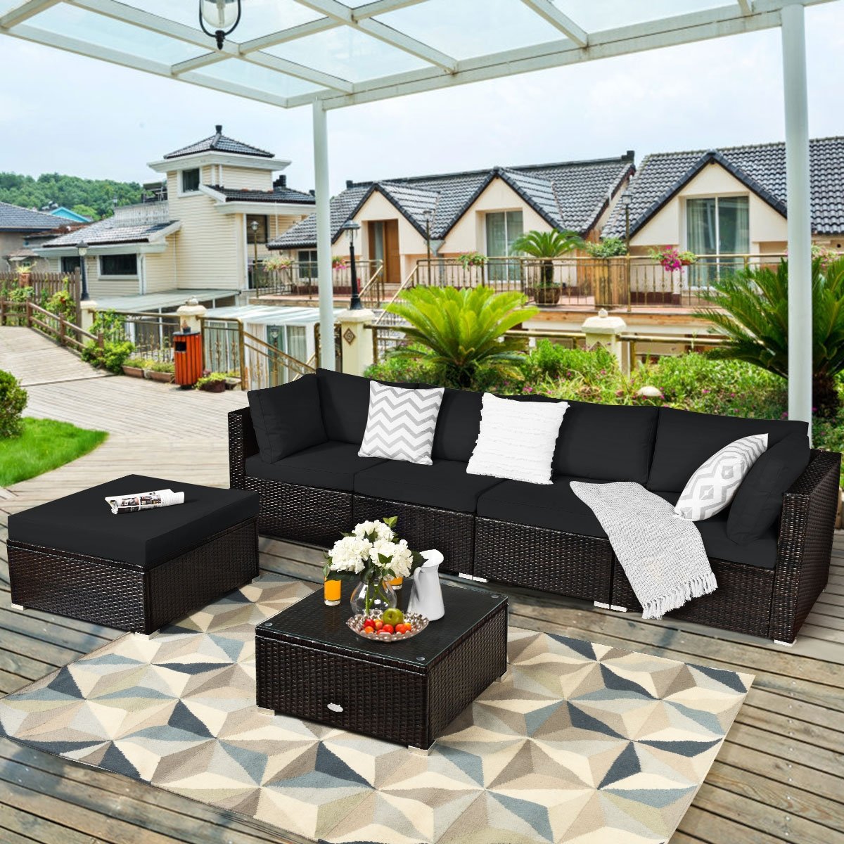 6 Pieces Outdoor Patio Rattan Furniture Set Sofa Ottoman-Coffee