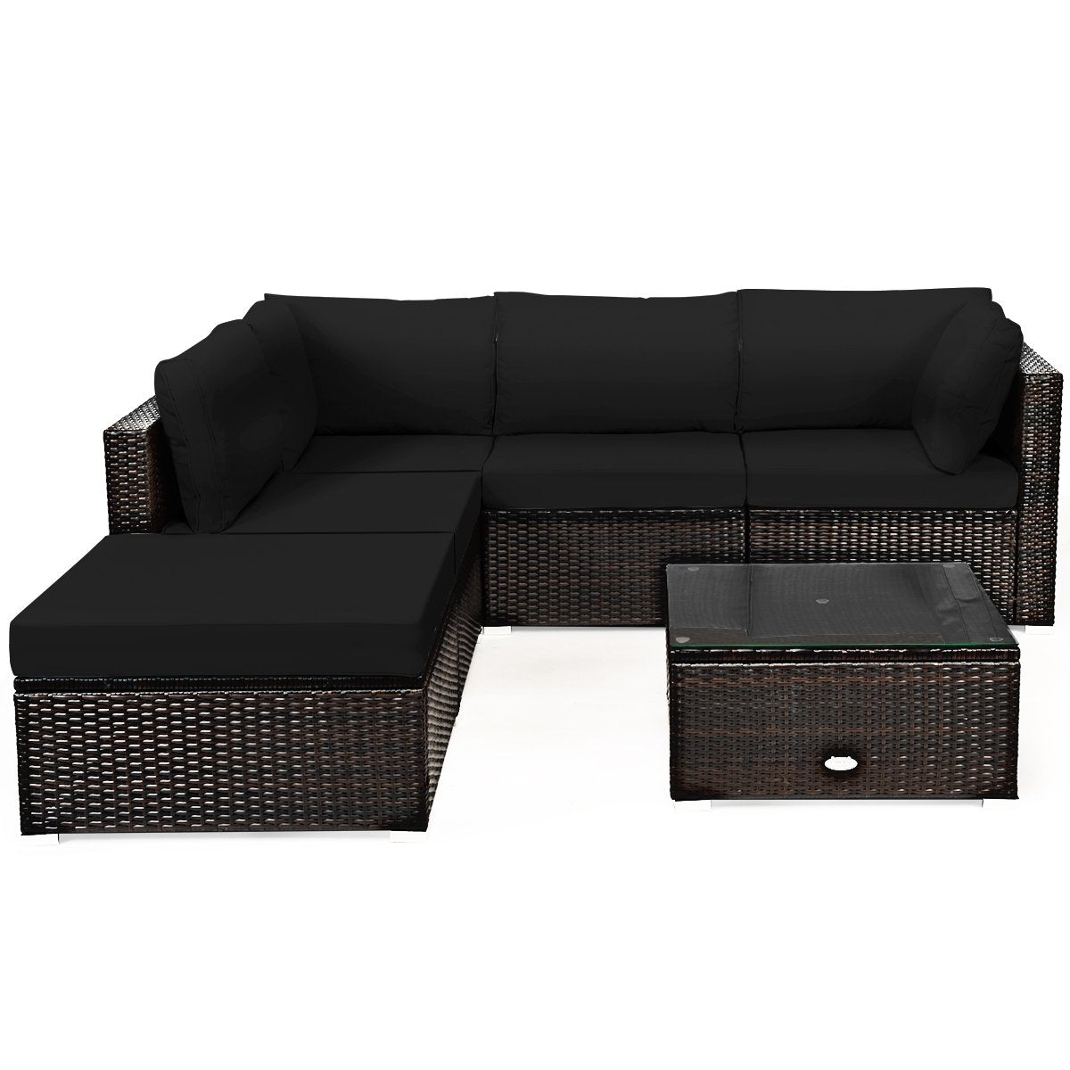 6 Pieces Outdoor Patio Rattan Furniture Set Sofa Ottoman-Coffee