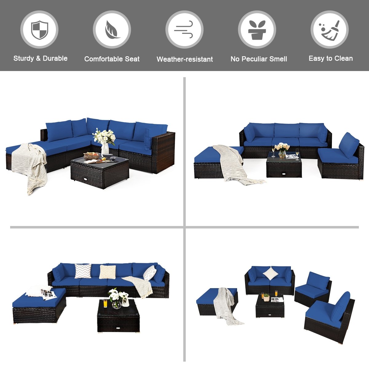 6 Pieces Outdoor Patio Rattan Furniture Set Sofa Ottoman-Coffee